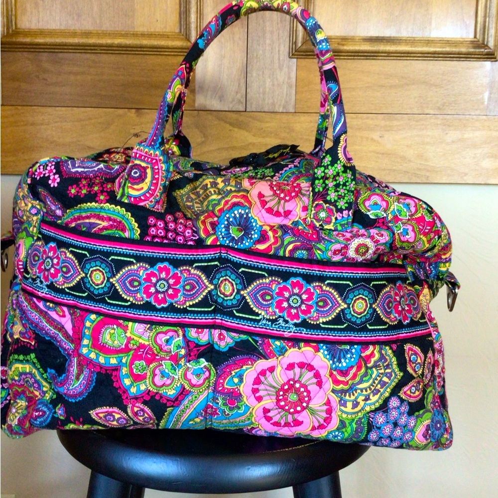 Vera Bradley Black Quilted Travel Bag with Pink, Green & Blue Paisley